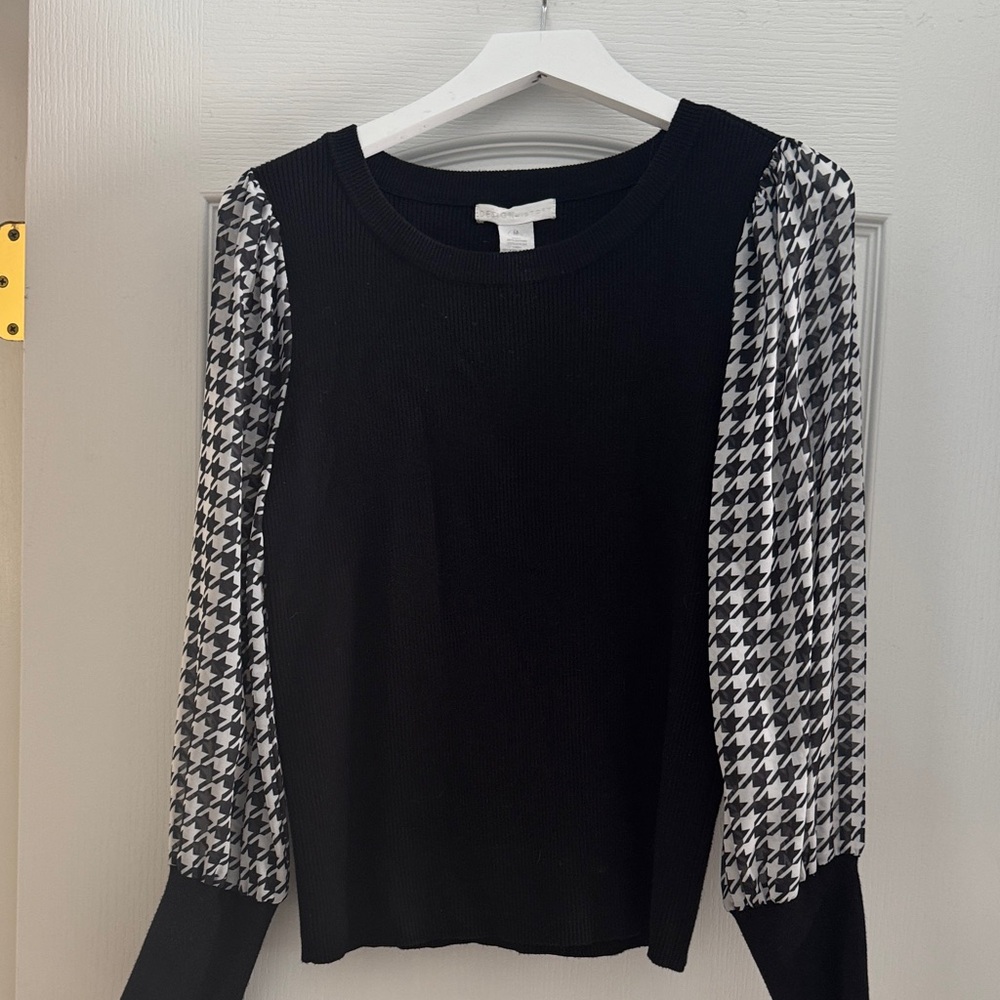 Design History Black Top with Houndstooth Sleeves
